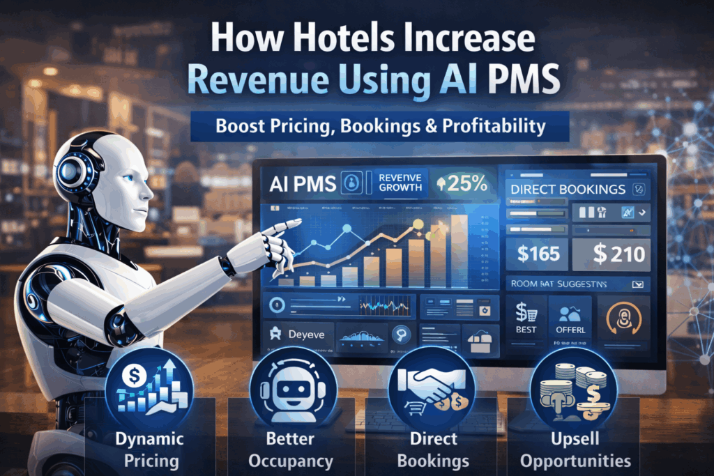 AI PMS dashboard showing hotel revenue growth, dynamic pricing and booking automation