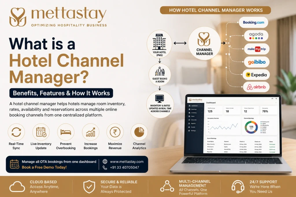 Hotel channel manager showing real-time OTA inventory synchronization, rate updates and centralized reservation management